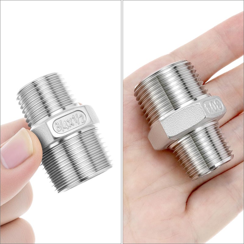 QWORK Reducing Hex Nipple, 2 Pack 3/4" NPT Male x 1/2" NPT Male 304 Stainless Steel Pipe Fitting, Threaded Pipe Fitting NPT, Straight Connector, Reducer Nipple Adapter - Image 4